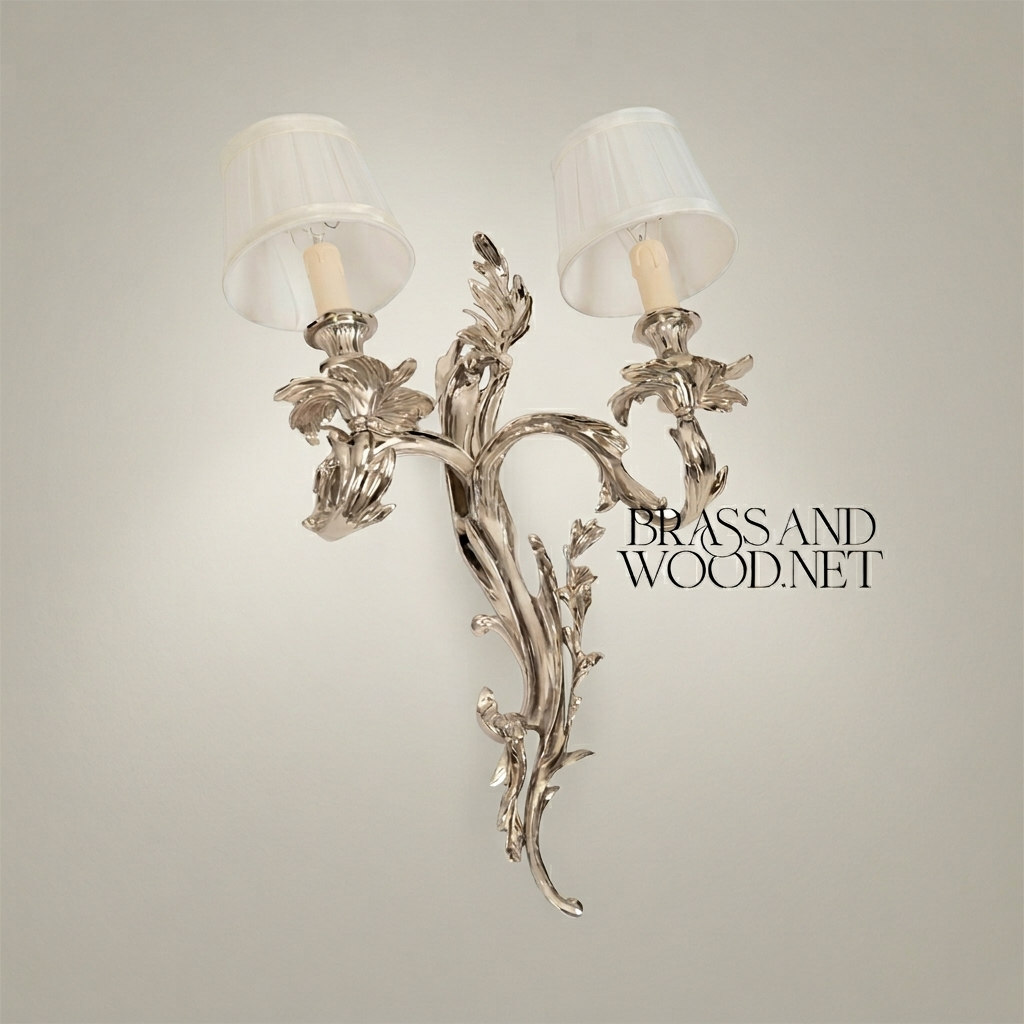 Louis XV Rococo Brass Wall Sconce - Twin-Arm Acanthus Scroll — Silver