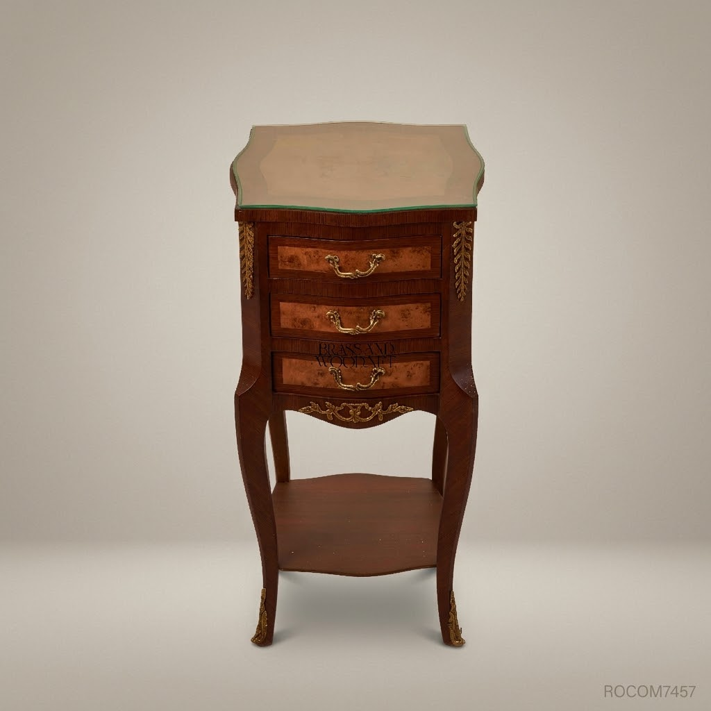 Louis XV Rococo Marquetry Nightstand with Brass Ormolu & Glass Top