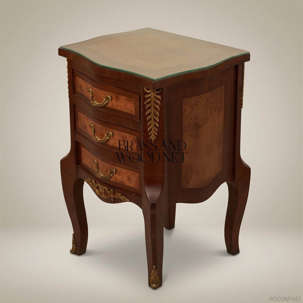 Louis XV Rococo Marquetry Nightstand with Brass Ormolu & Glass Top