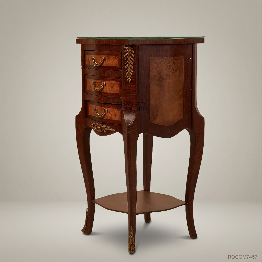 Louis XV Rococo Marquetry Nightstand with Brass Ormolu & Glass Top