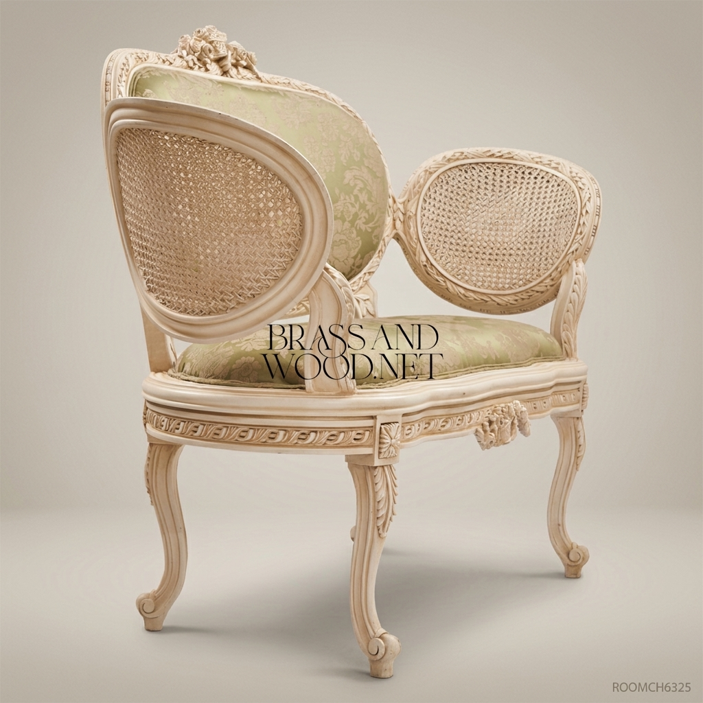 Louis XV Rococo Carved Canapé Settee - Cane Medallion Panels & Sage Damask