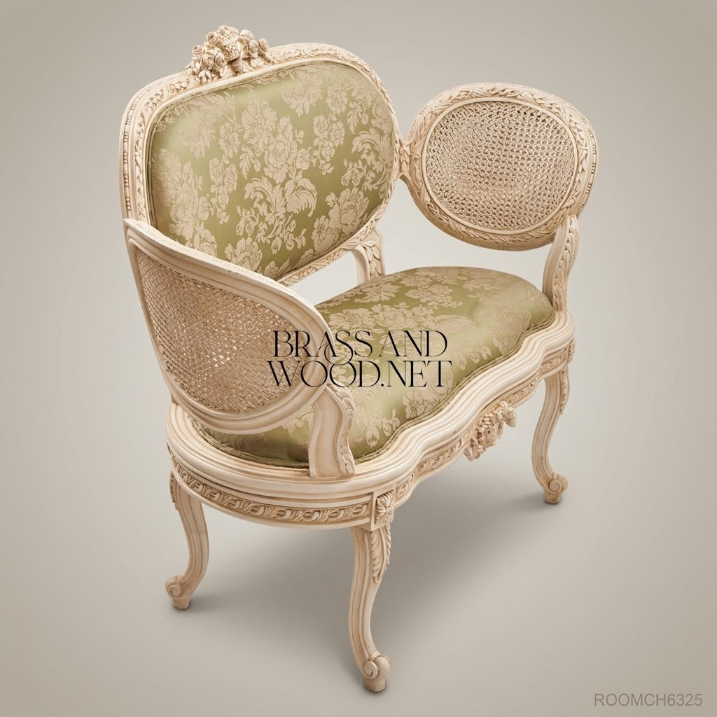 Louis XV Rococo Carved Canapé Settee - Cane Medallion Panels & Sage Damask