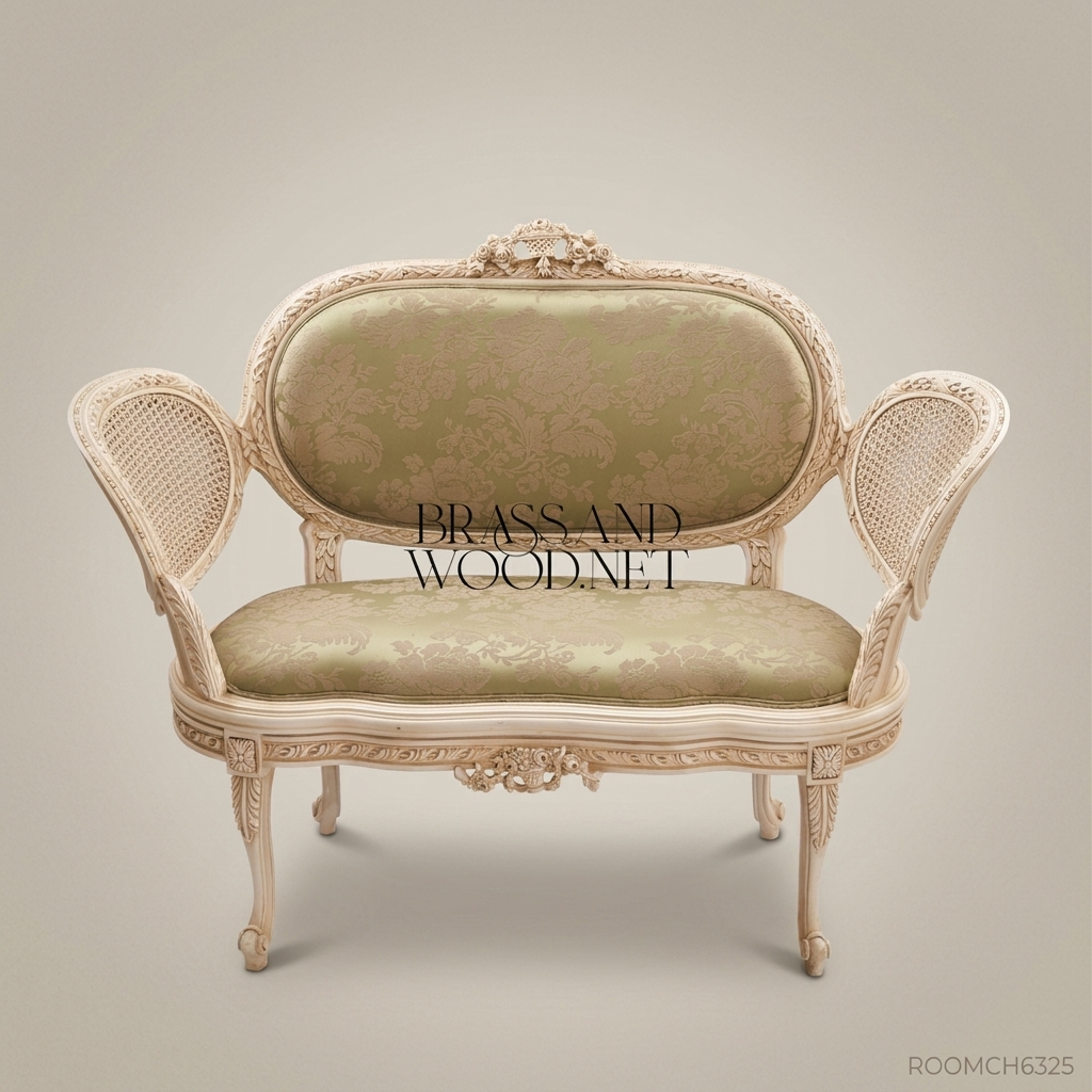 Louis XV Rococo Carved Canapé Settee - Cane Medallion Panels & Sage Damask