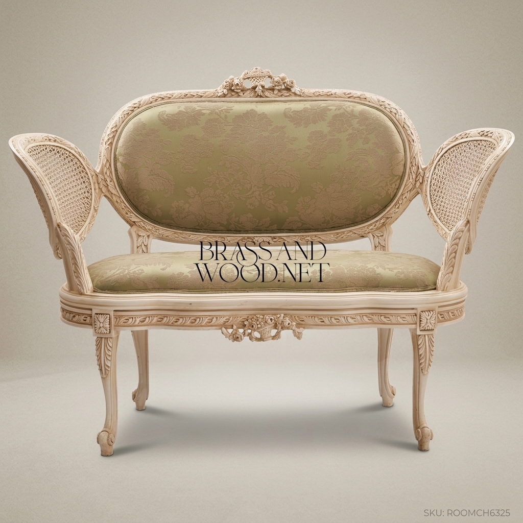 Louis XV Rococo Carved Canapé Settee - Cane Medallion Panels & Sage Damask