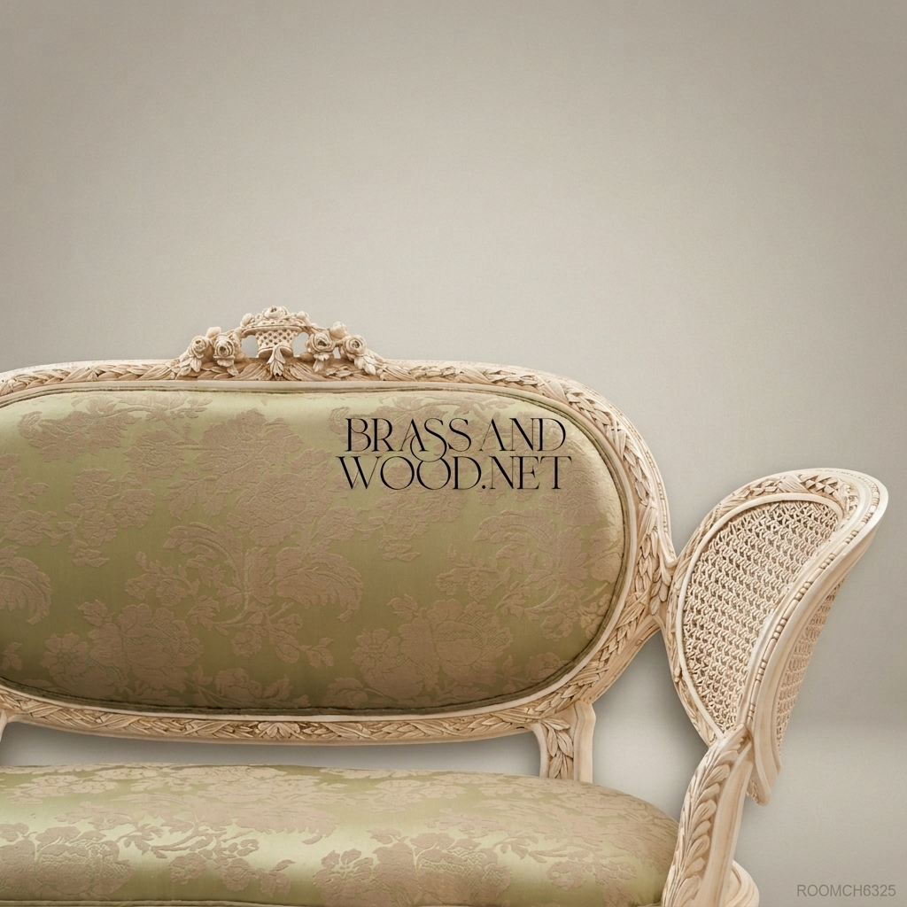 Louis XV Rococo Carved Canapé Settee - Cane Medallion Panels & Sage Damask