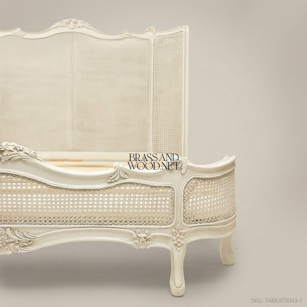 Louis XV Rococo Carved Cane Panel Super King Bed — Rose Cartouche Headboard