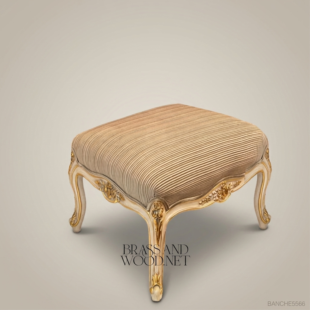 Louis XV Rococo Carved Footstool - Ivory Frame with Channeled Gold Striped Upholstery
