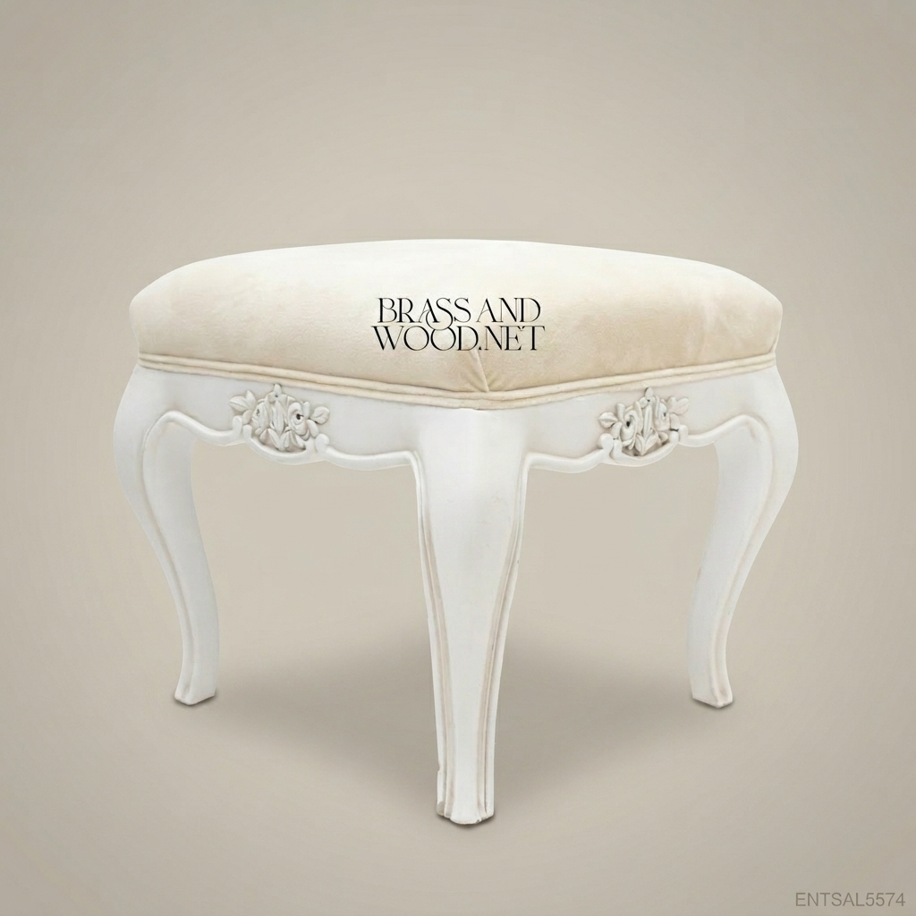 Louis XV Rococo Carved Vanity Stool - White Lacquer & Cream Velvet