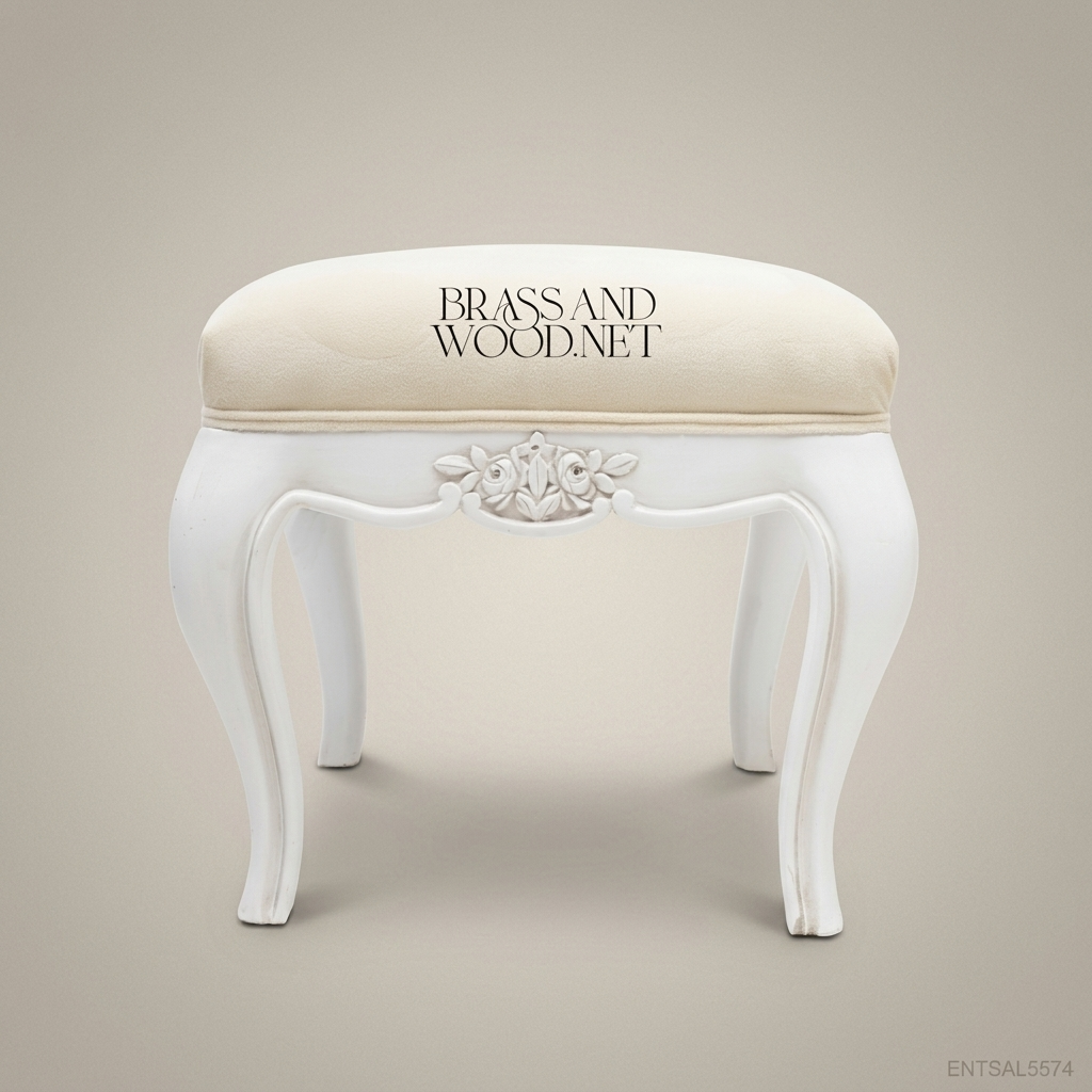 Louis XV Rococo Carved Vanity Stool - White Lacquer & Cream Velvet