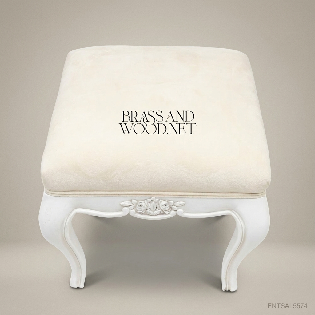 Louis XV Rococo Carved Vanity Stool - White Lacquer & Cream Velvet