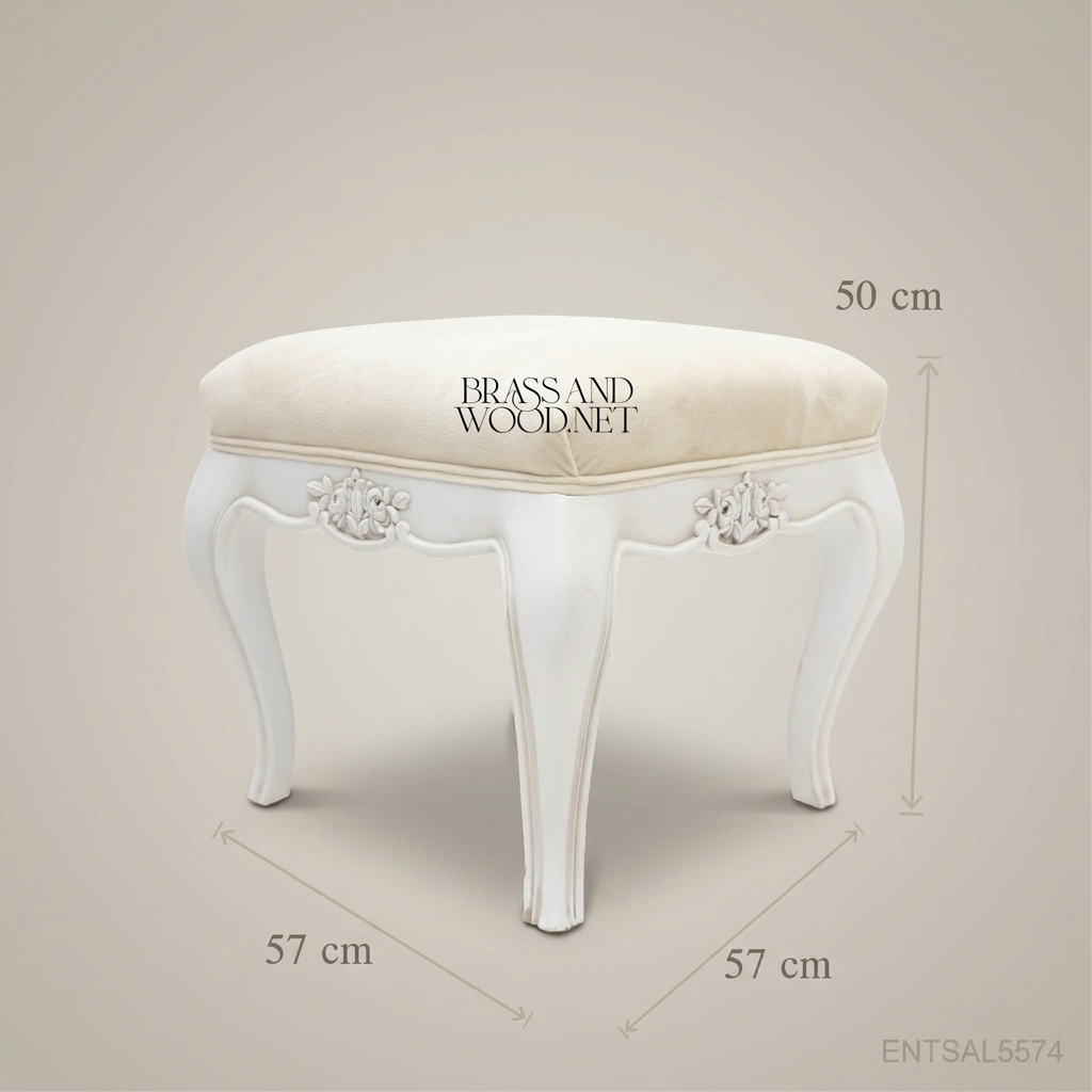 Louis XV Rococo Carved Vanity Stool - White Lacquer & Cream Velvet