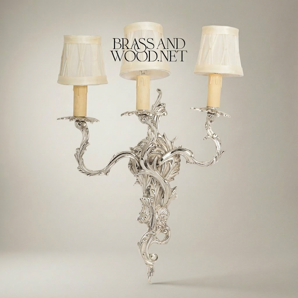 Louis XV Rococo Cast Brass 3-Arm Wall Sconce with Acanthus Scrollwork — Silver