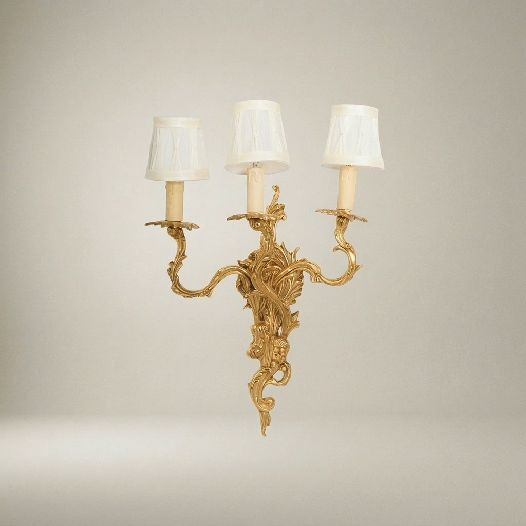 Louis XV Rococo Cast Brass 3-Arm Wall Sconce with Acanthus Scrollwork — Gold