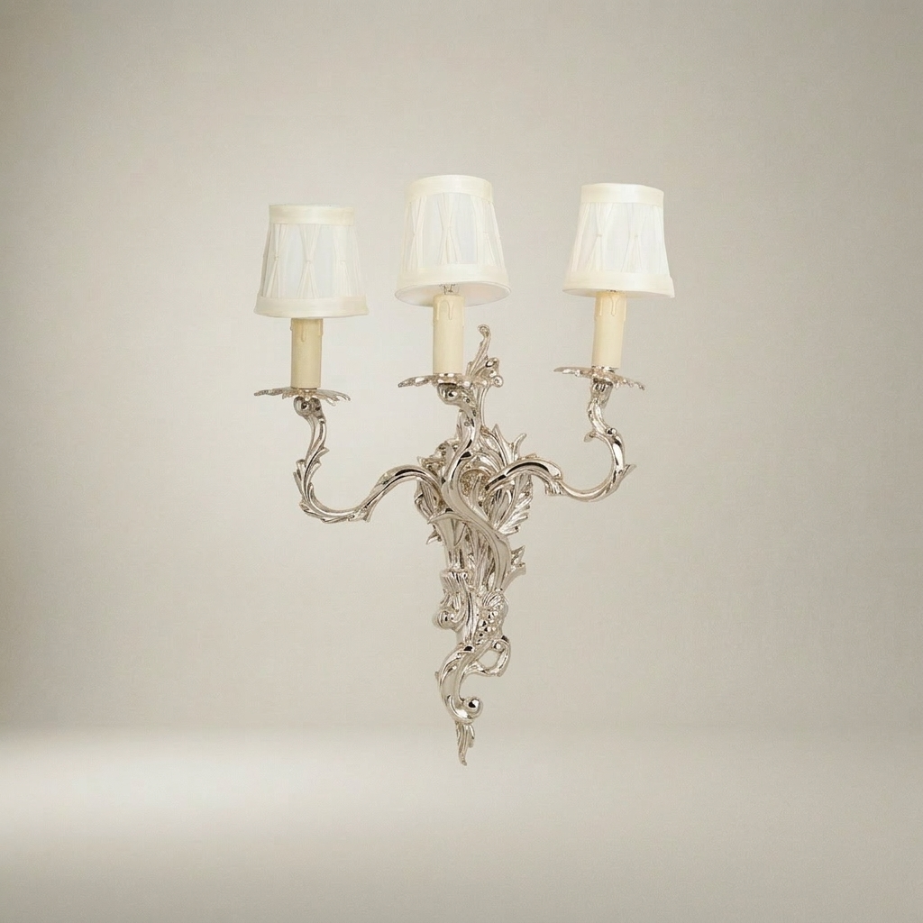 Louis XV Rococo Cast Brass 3-Arm Wall Sconce with Acanthus Scrollwork — Silver