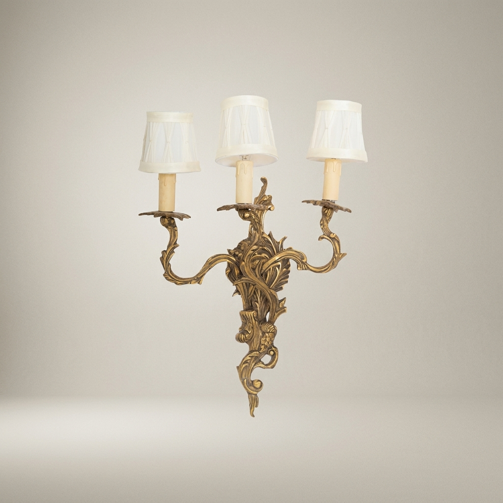 Louis XV Rococo Cast Brass 3-Arm Wall Sconce with Acanthus Scrollwork — Antique Gold