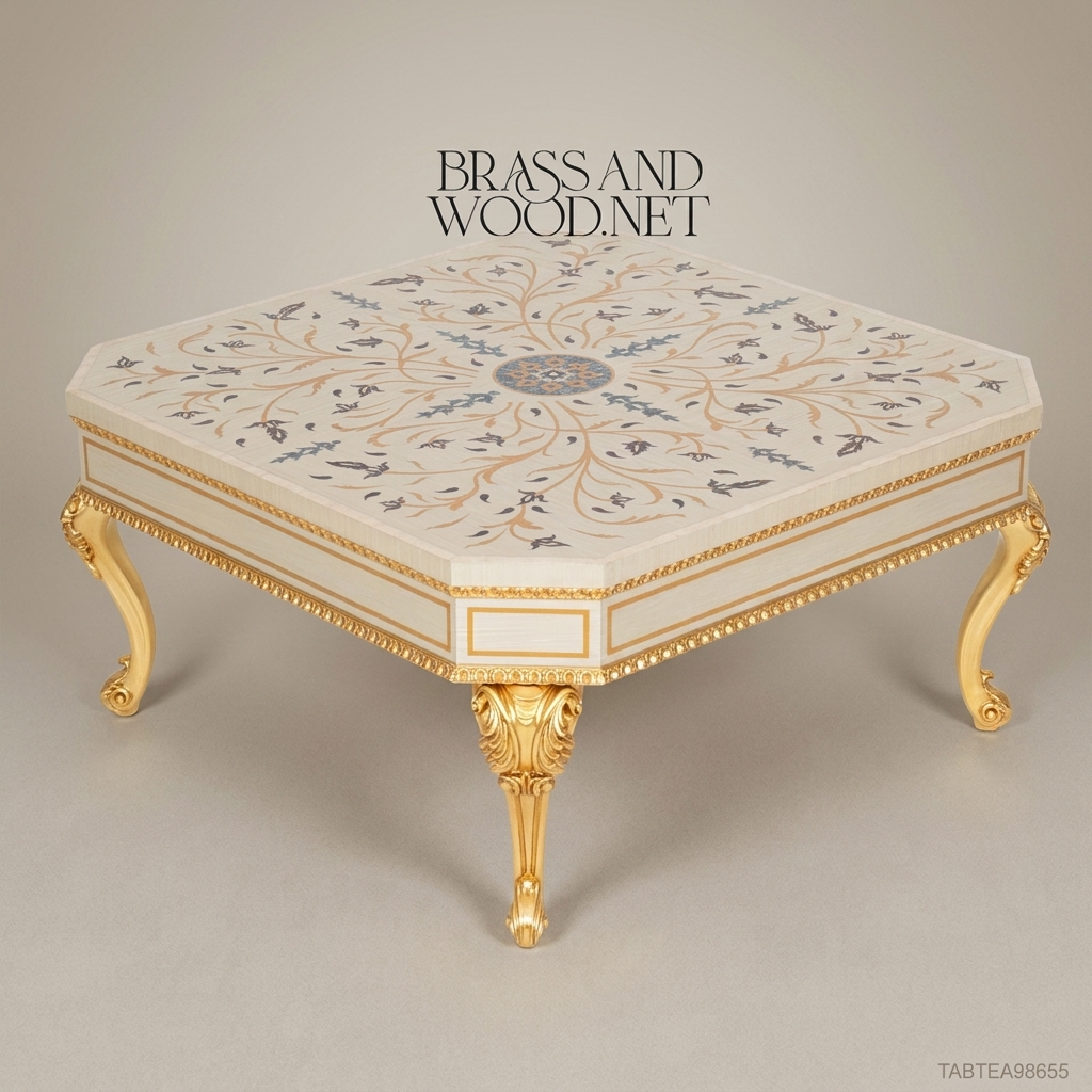 Louis XV Rococo Coffee Table | Ivory Lacquer & Gold Leaf with Floral Inlay Tabletop