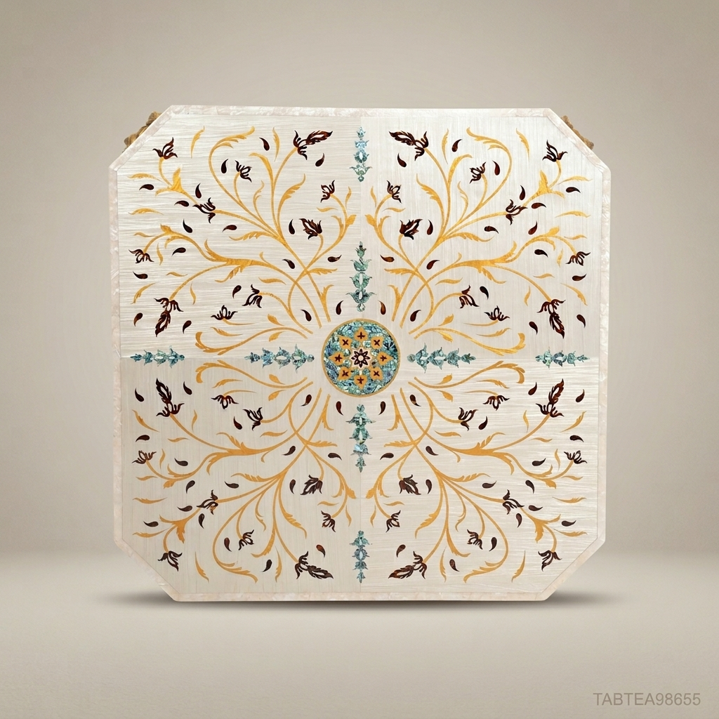 Louis XV Rococo Coffee Table | Ivory Lacquer & Gold Leaf with Floral Inlay Tabletop