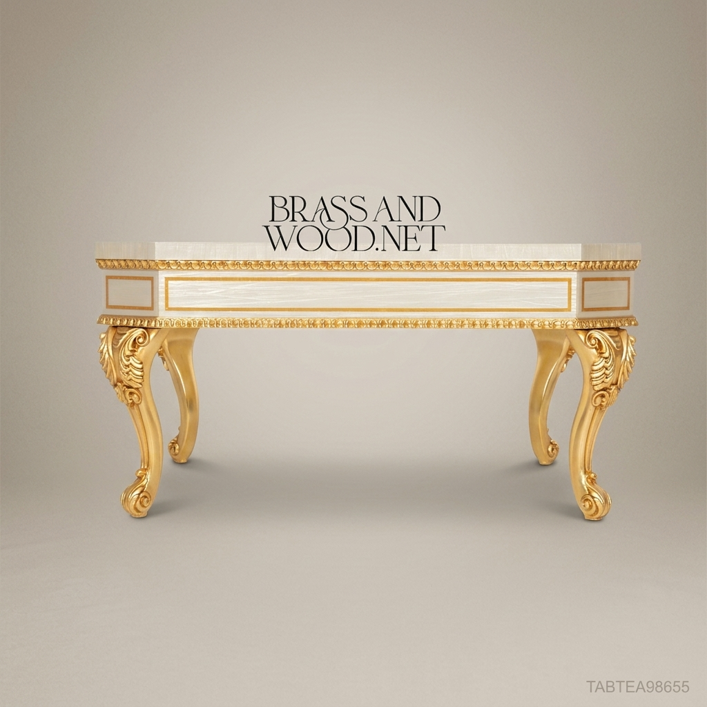 Louis XV Rococo Coffee Table | Ivory Lacquer & Gold Leaf with Floral Inlay Tabletop