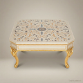 Louis XV Rococo Coffee Table | Ivory Lacquer & Gold Leaf with Floral Inlay Tabletop