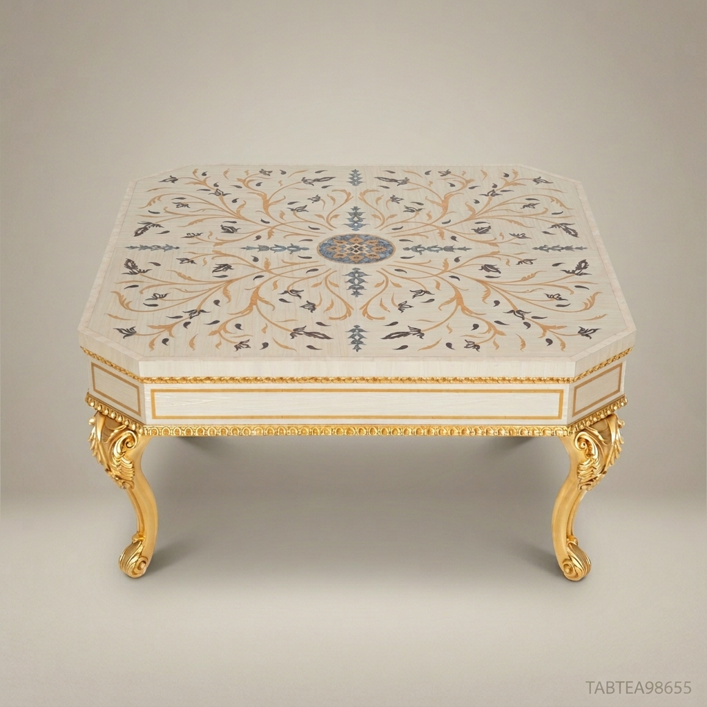 Louis XV Rococo Coffee Table | Ivory Lacquer & Gold Leaf with Floral Inlay Tabletop