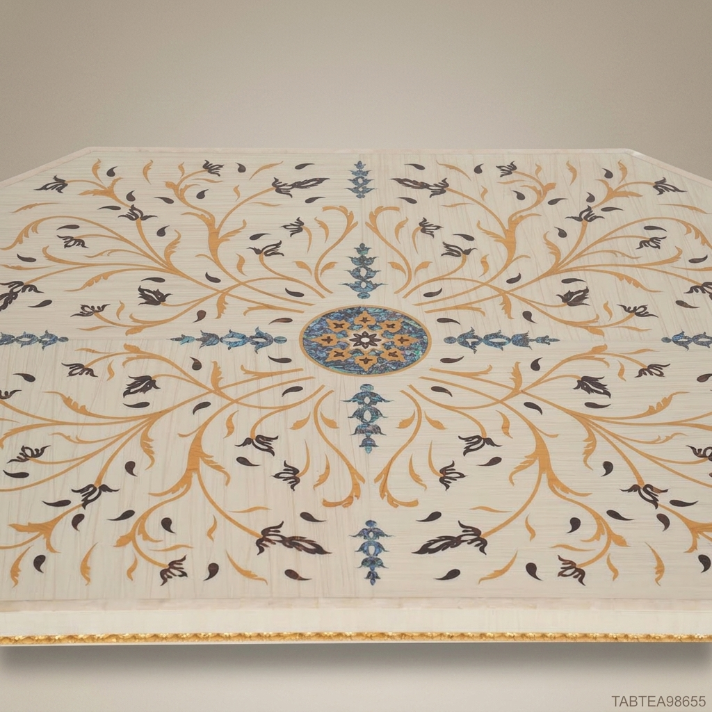 Louis XV Rococo Coffee Table | Ivory Lacquer & Gold Leaf with Floral Inlay Tabletop