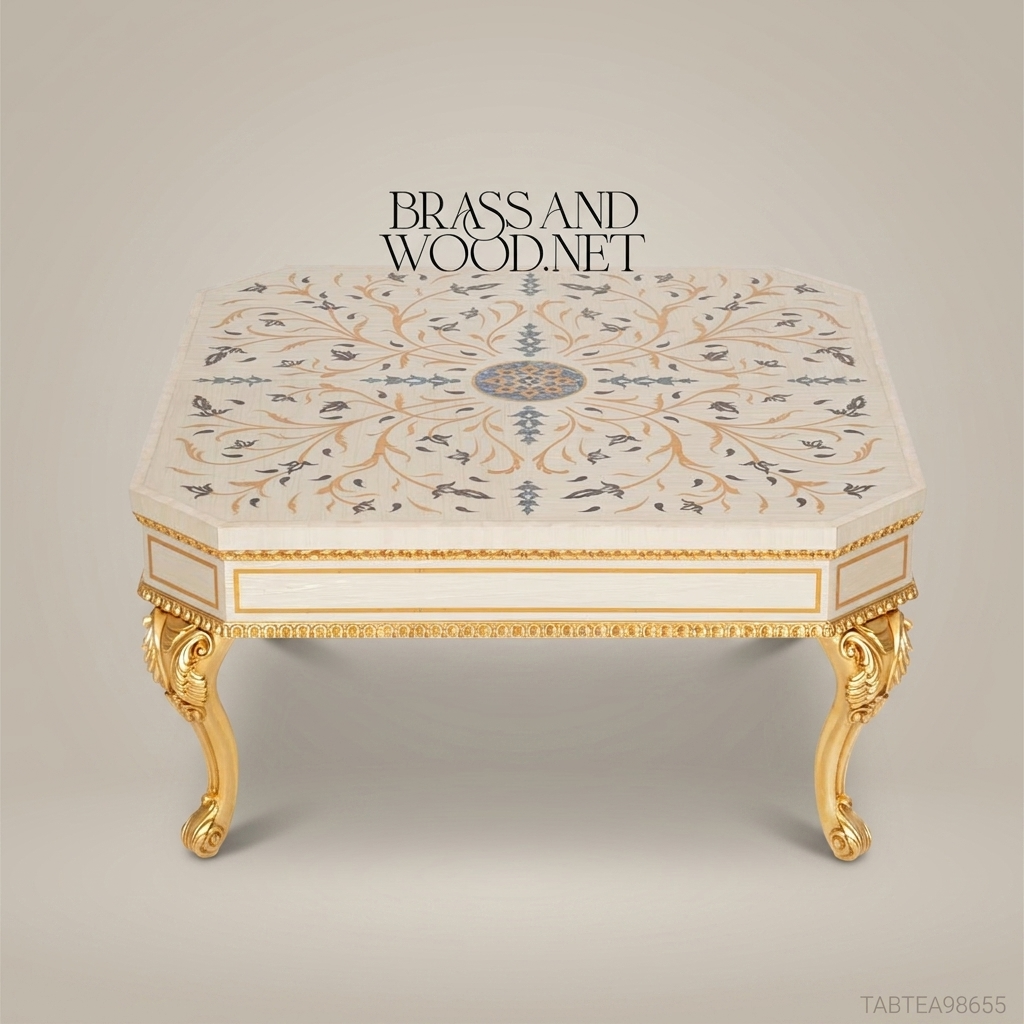 Louis XV Rococo Coffee Table | Ivory Lacquer & Gold Leaf with Floral Inlay Tabletop