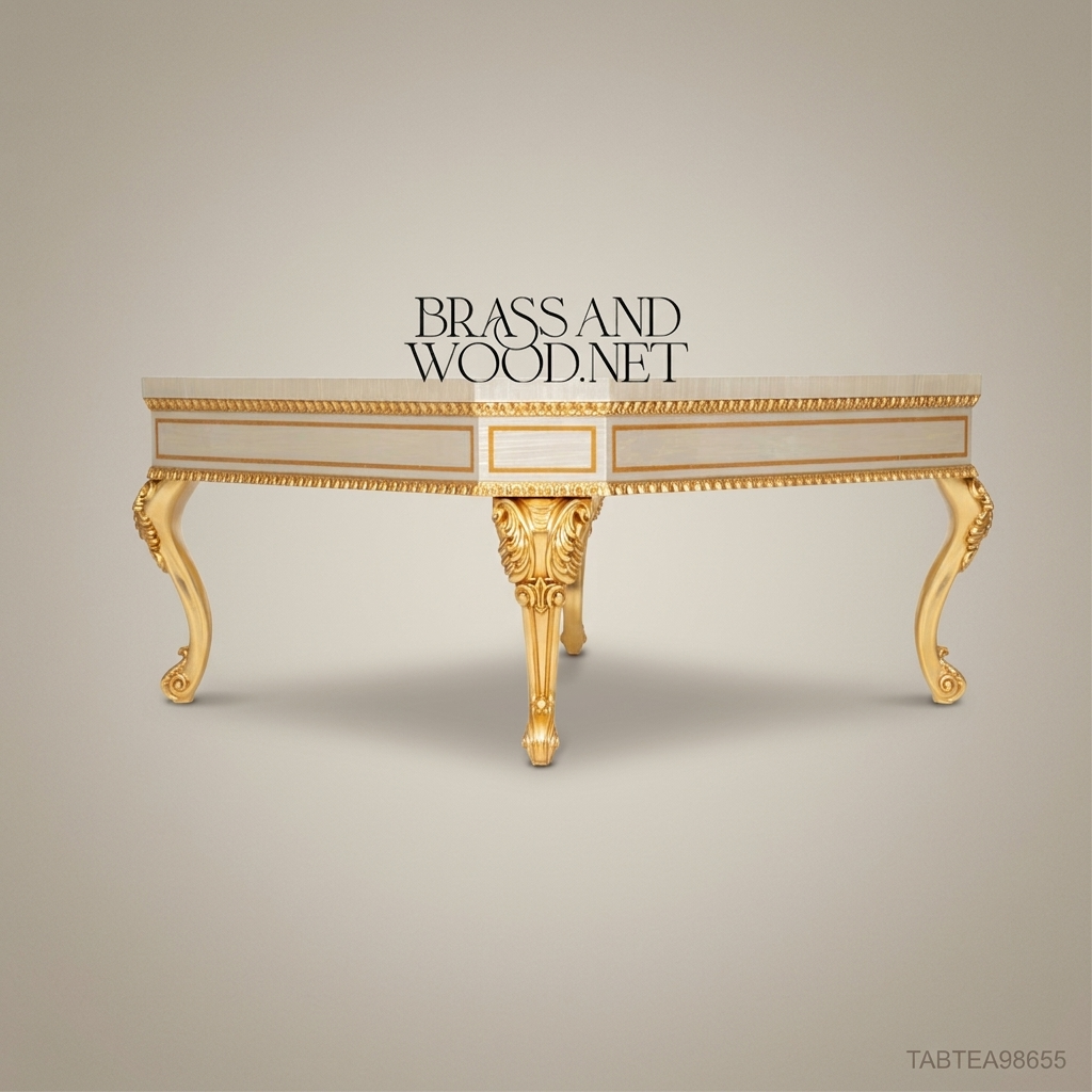 Louis XV Rococo Coffee Table | Ivory Lacquer & Gold Leaf with Floral Inlay Tabletop