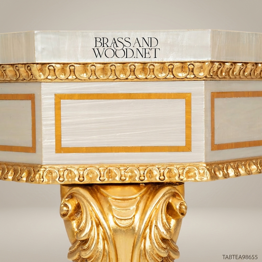 Louis XV Rococo Coffee Table | Ivory Lacquer & Gold Leaf with Floral Inlay Tabletop