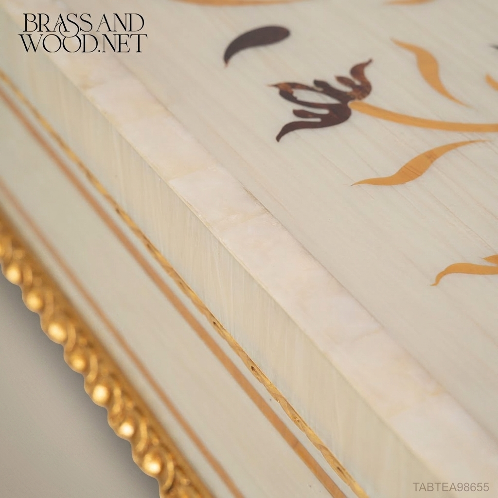 Louis XV Rococo Coffee Table | Ivory Lacquer & Gold Leaf with Floral Inlay Tabletop