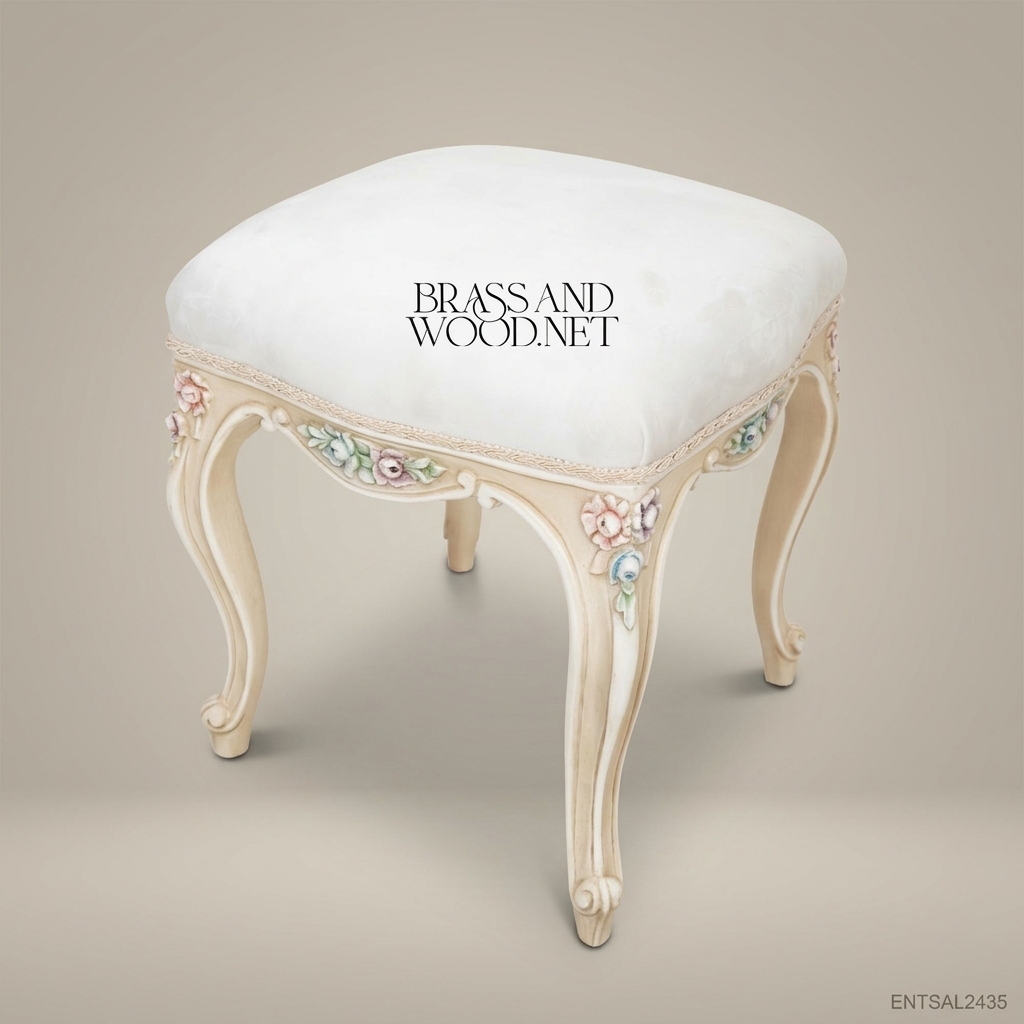 Louis XV Rococo Cream Hand-Carved Vanity Stool - Polychrome Floral Apron