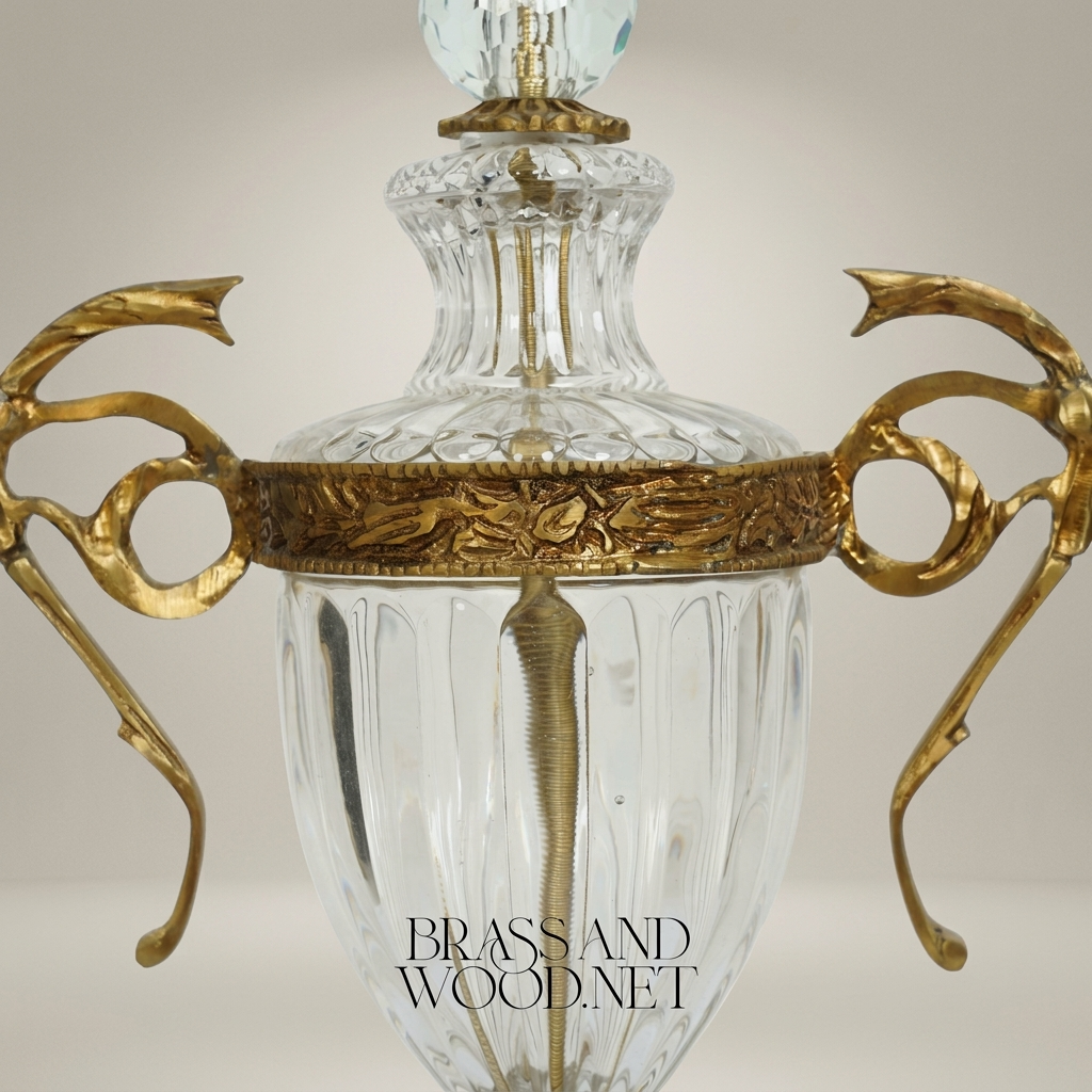 Neoclassical Lidded Crystal Urn Vase with Ornate Brass Mounts & Foliate Finial — Antique Gold