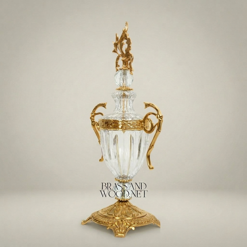Neoclassical Lidded Crystal Urn Vase with Ornate Brass Mounts & Foliate Finial