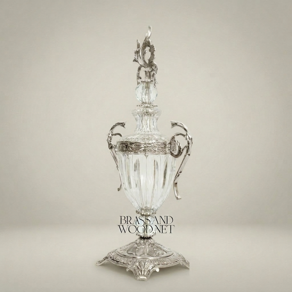 Neoclassical Lidded Crystal Urn Vase with Ornate Brass Mounts & Foliate Finial — Silver
