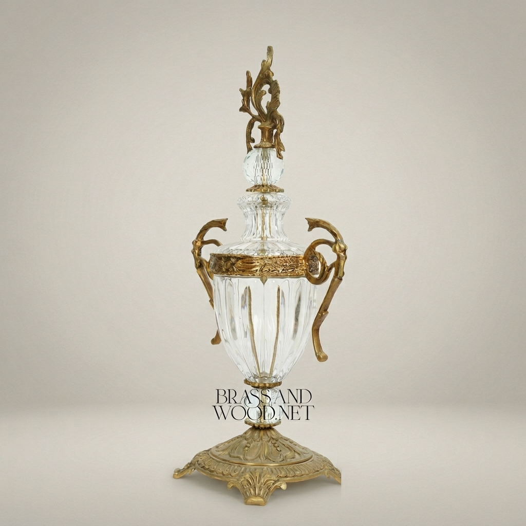 Neoclassical Lidded Crystal Urn Vase with Ornate Brass Mounts & Foliate Finial — Antique Gold