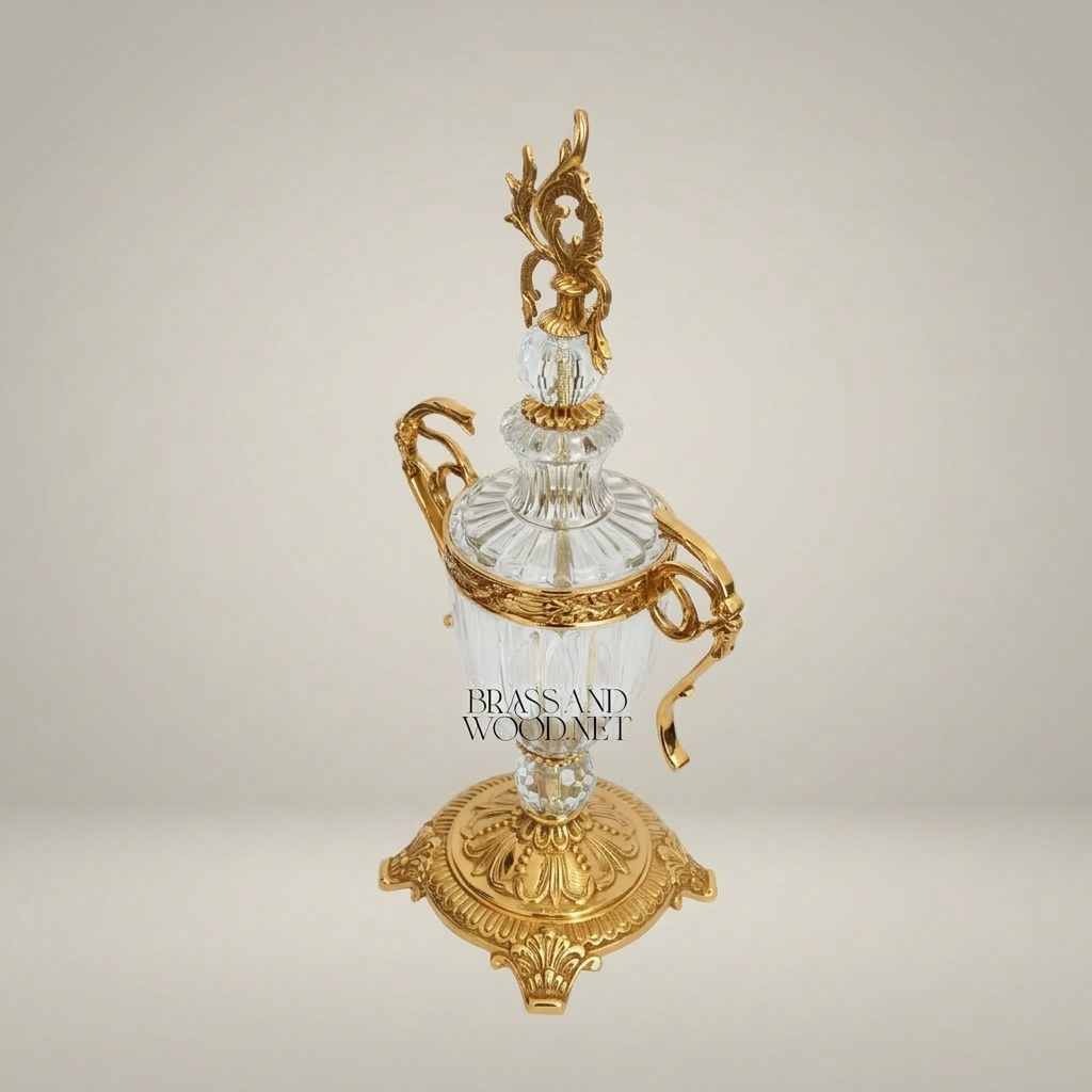 Neoclassical Lidded Crystal Urn Vase with Ornate Brass Mounts & Foliate Finial