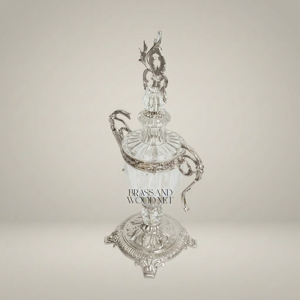 Neoclassical Lidded Crystal Urn Vase with Ornate Brass Mounts & Foliate Finial — Silver