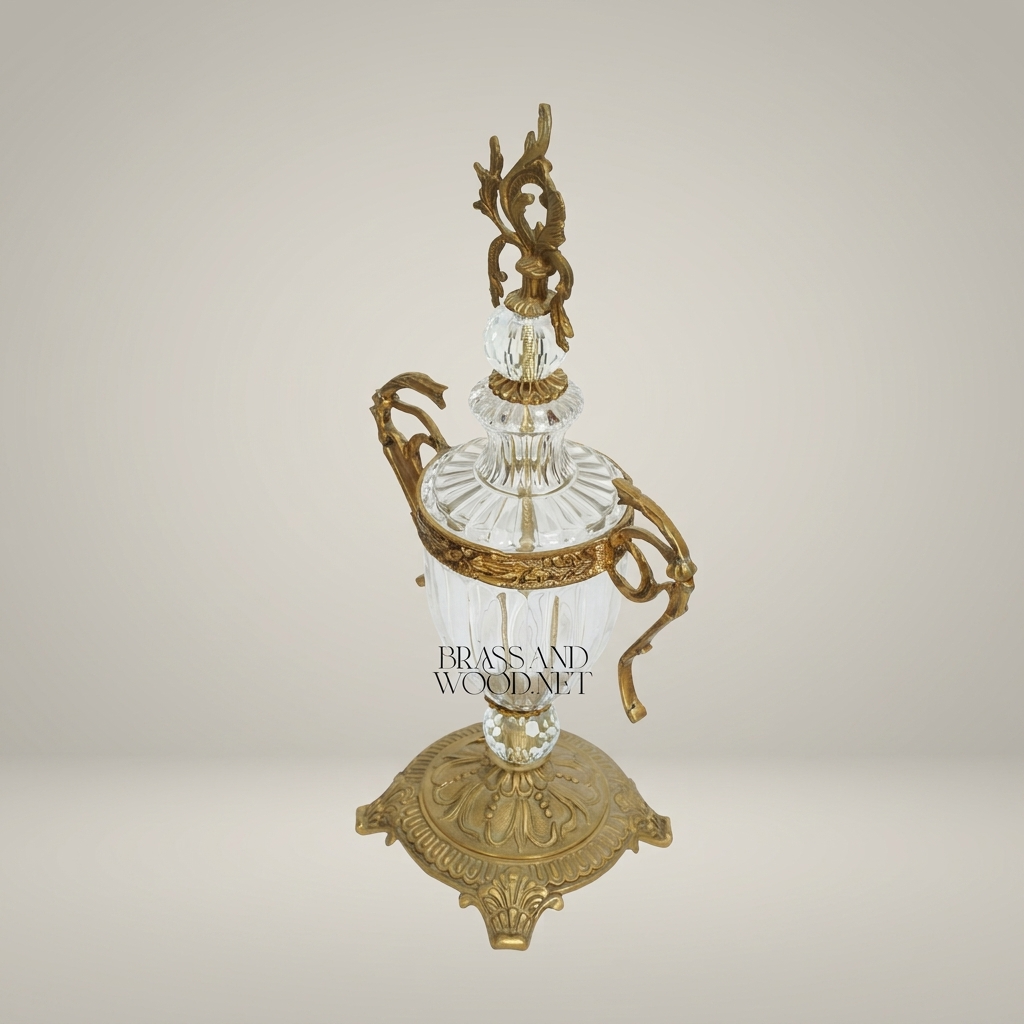 Neoclassical Lidded Crystal Urn Vase with Ornate Brass Mounts & Foliate Finial — Antique Gold