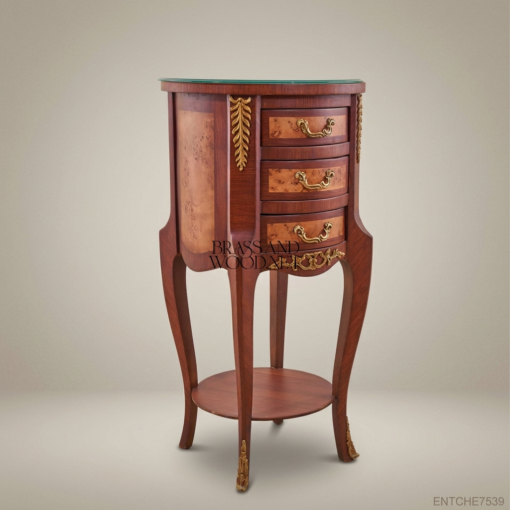 Louis XV Rococo Round Nightstand with Burlwood Inlay & Gilt Brass Mounts