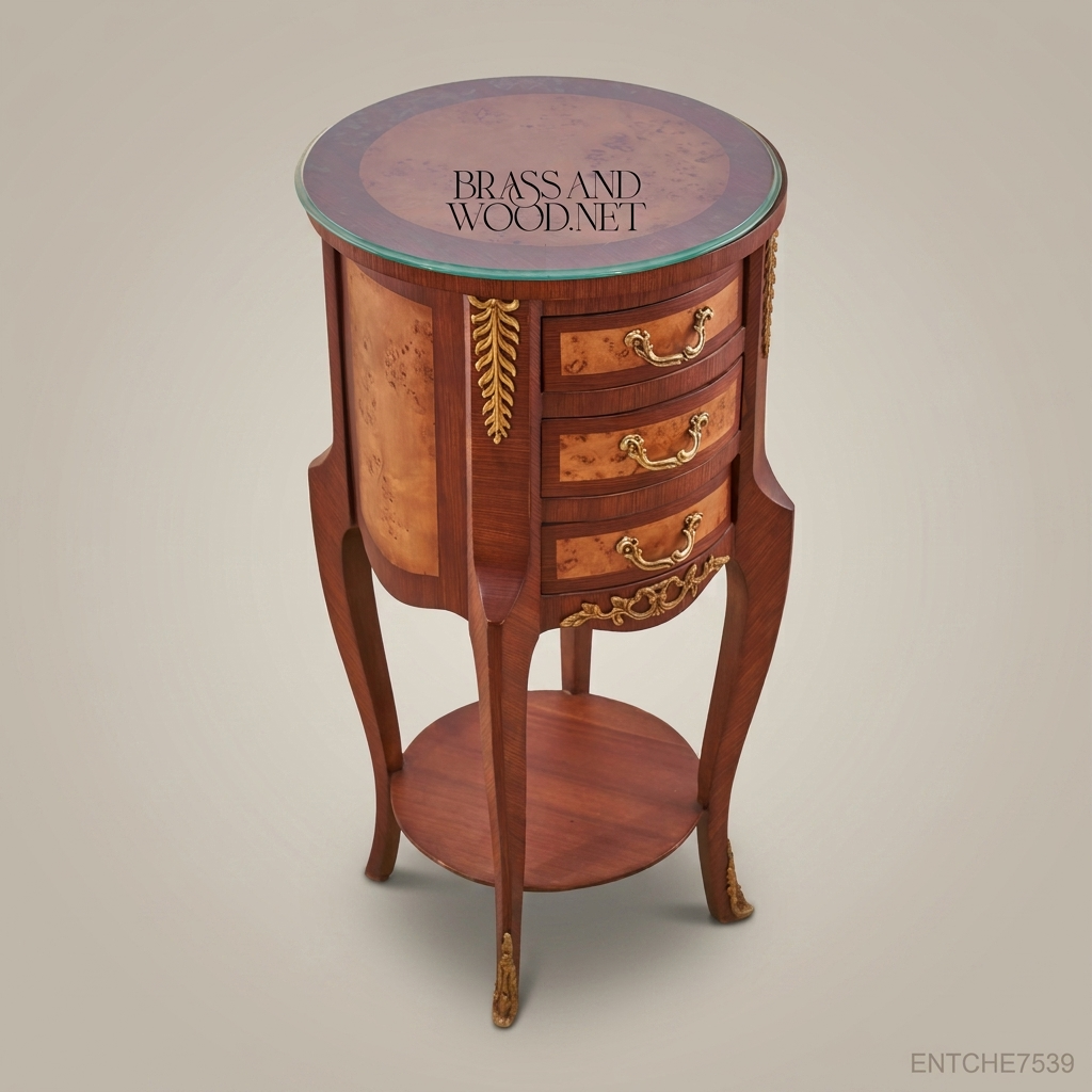 Louis XV Rococo Round Nightstand with Burlwood Inlay & Gilt Brass Mounts