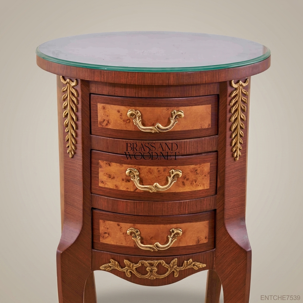 Louis XV Rococo Round Nightstand with Burlwood Inlay & Gilt Brass Mounts
