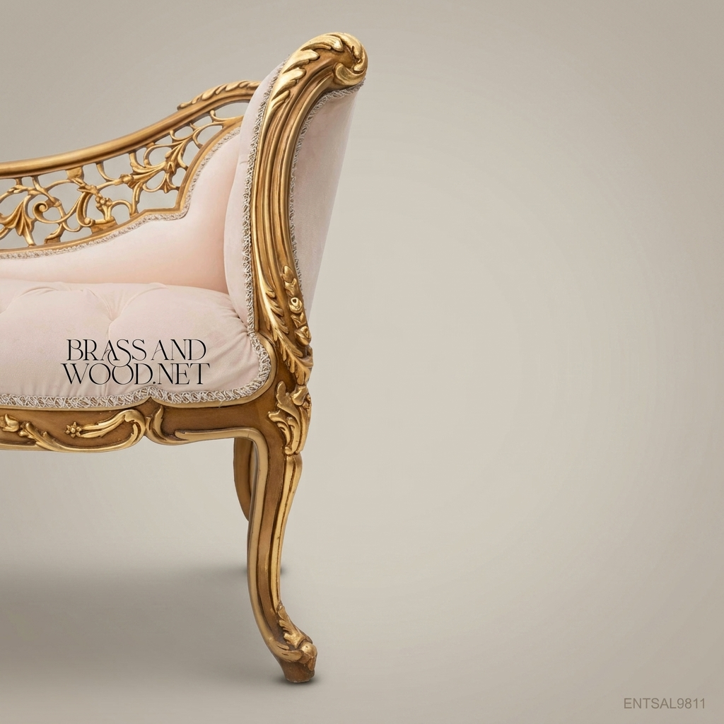 Louis XV Rococo Gilded Banquette with Pierced Acanthus Back & Tufted Blush Velvet