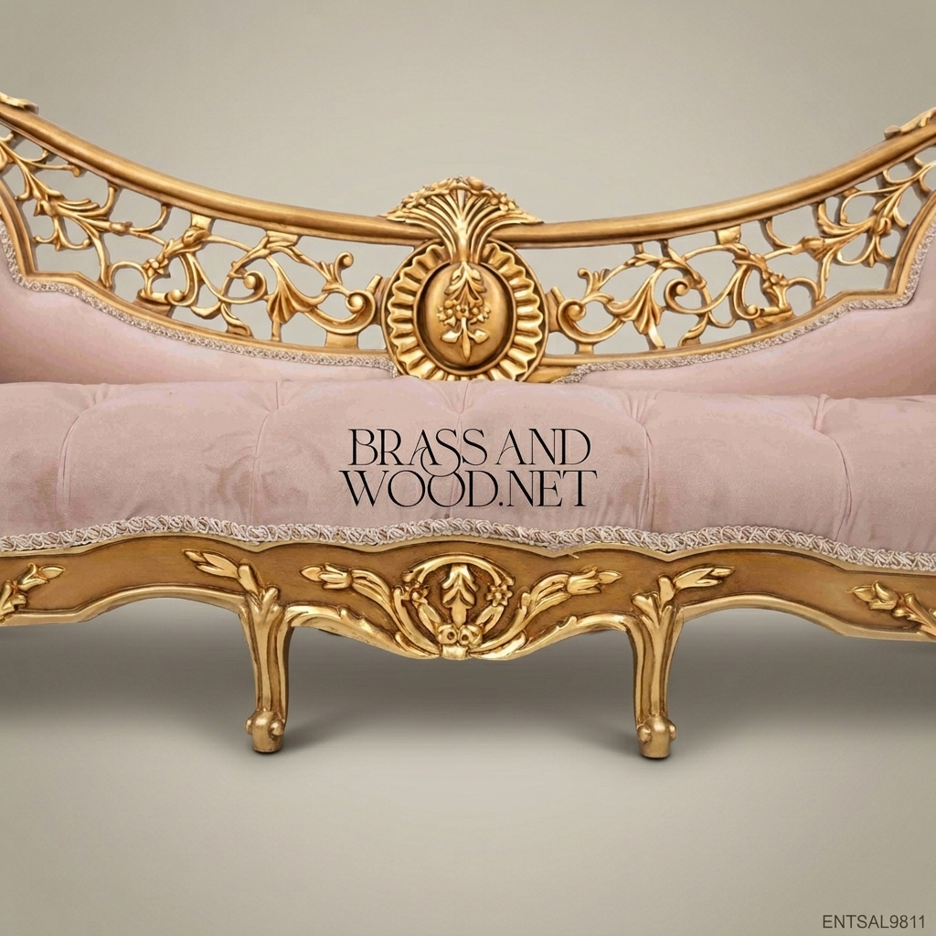 Louis XV Rococo Gilded Banquette with Pierced Acanthus Back & Tufted Blush Velvet