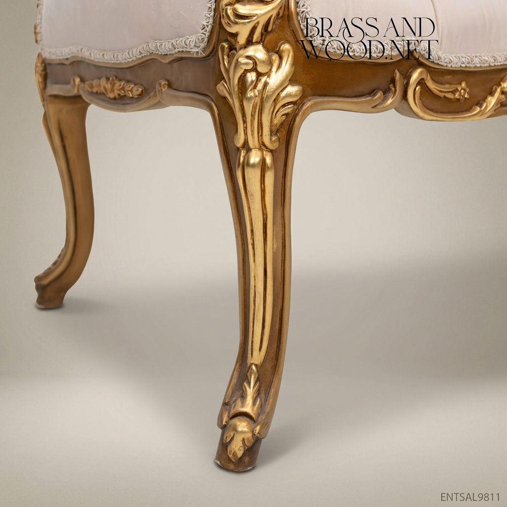 Louis XV Rococo Gilded Banquette with Pierced Acanthus Back & Tufted Blush Velvet