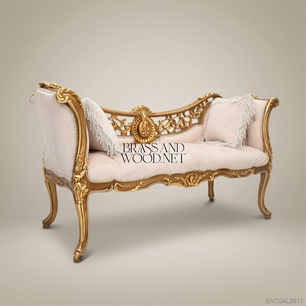 Louis XV Rococo Gilded Banquette with Pierced Acanthus Back & Tufted Blush Velvet