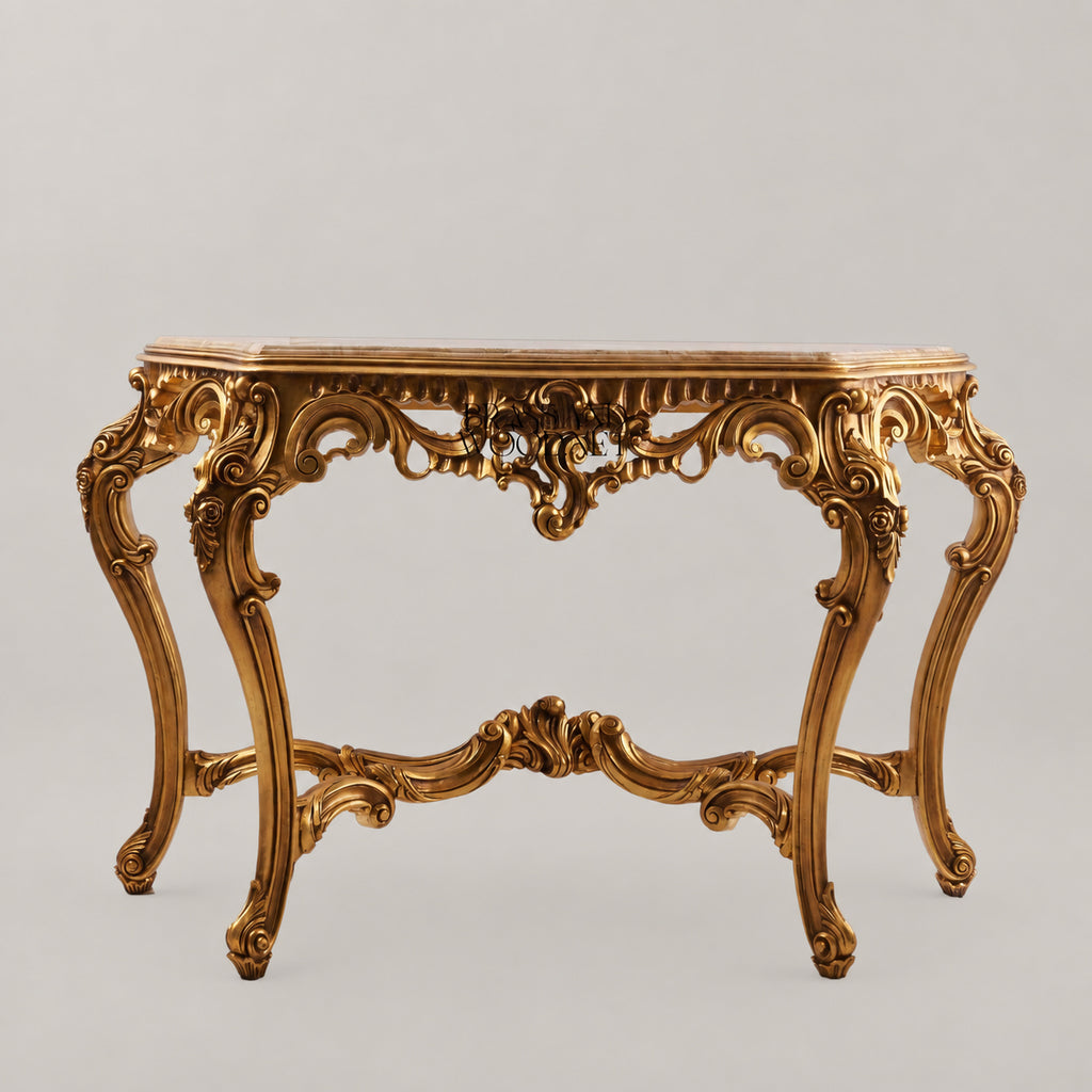 Louis XV Rococo fully gilded console table with crema marfil marble top, heavily carved apron, C-scroll cabriole legs and X-stretcher Main View | Brass & Wood