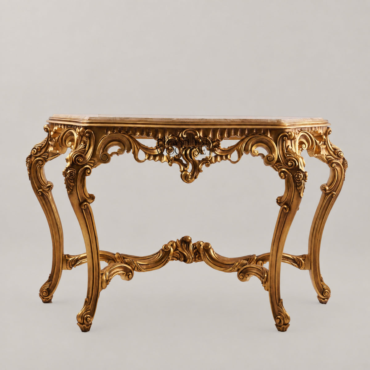 Louis XV Rococo fully gilded console table with crema marfil marble top, heavily carved apron, C-scroll cabriole legs and X-stretcher Main View | Brass & Wood
