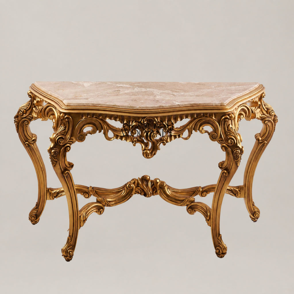 Louis XV Rococo fully gilded console table with crema marfil marble top, heavily carved apron, C-scroll cabriole legs and X-stretcher View 2 | Brass & Wood