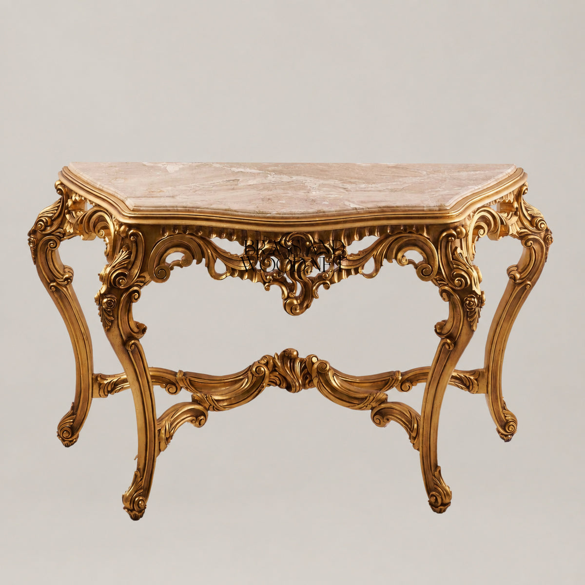 Louis XV Rococo fully gilded console table with crema marfil marble top, heavily carved apron, C-scroll cabriole legs and X-stretcher View 2 | Brass & Wood