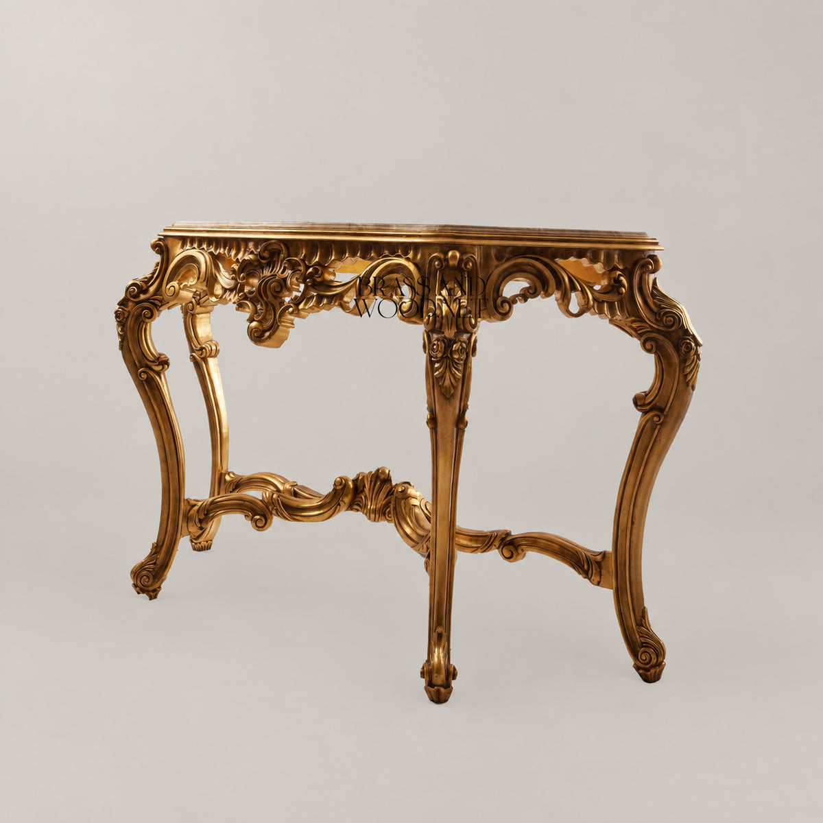 Louis XV Rococo fully gilded console table with crema marfil marble top, heavily carved apron, C-scroll cabriole legs and X-stretcher View 3 | Brass & Wood