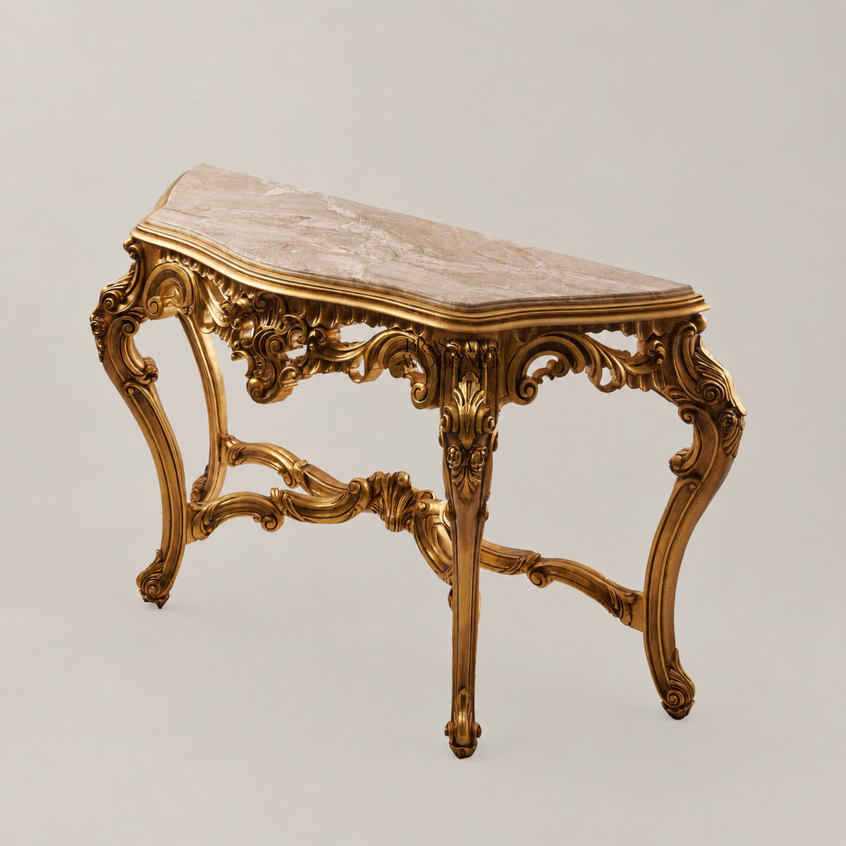 Louis XV Rococo fully gilded console table with crema marfil marble top, heavily carved apron, C-scroll cabriole legs and X-stretcher View 4 | Brass & Wood